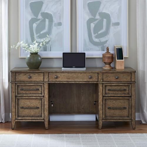 Liberty Furniture Carolina Park Jr Executive Credenza with Keyboard Tray, Locking File Storage for Home Office- Amber Brown Oak Wood