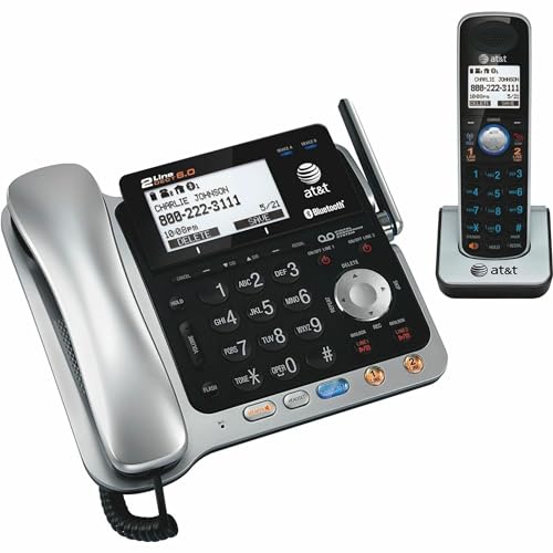 AT&T TL86109 DECT 6.0 2-Line Expandable Corded/Cordless Phone with Bluetooth Connect to Cell, Answering System and Base Speakerphone, 1 Corded Handset and 1 Cordless Handset, Silver/Black