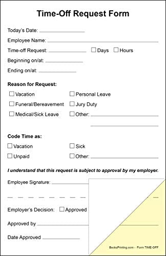 Becks Printing Employee Time Off Request Forms on 2 Part Carbonless Paper (Pack of 250)