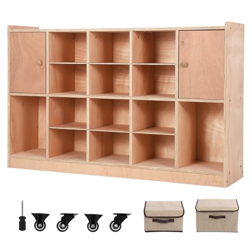 Tedyle 5-Section Cubby Storage Organizer with 12 Cubbies – Classroom Coat Locker with Anti-Tip Anchors, 2 Storage Boxes, 4 Casters & 5 Hooks for Daycare, Kindergarten & Home Use