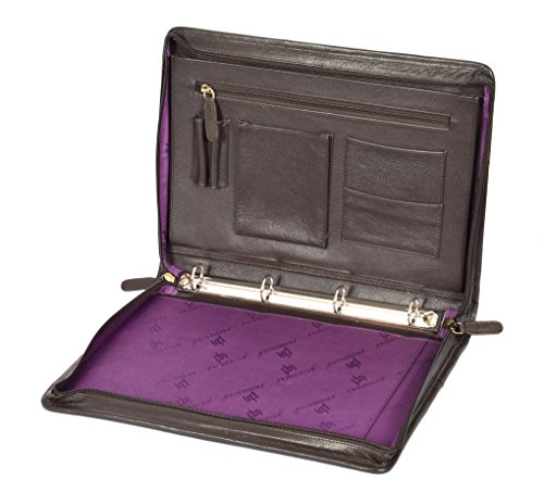 Luxury Real Leather Zip Around Folder File Inside Metal Ring Binder Braga Brown