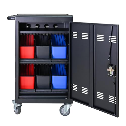 ZEYUXWT Mobile Device Charging Cart, 32 Tablet Storage Cabinet with Baskets, Rolling Laptop Charging Station, Black
