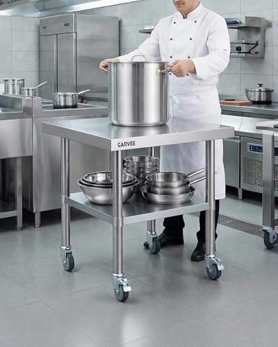 PrecisionAuto Stainless Steel Commercial Work Table - Heavy Duty Mobile Prep Station - Adjustable Undershelf - Detachable 3-Sided Backsplash - Locking Casters - For Restaurant, Kitchen, Garage, Bakery