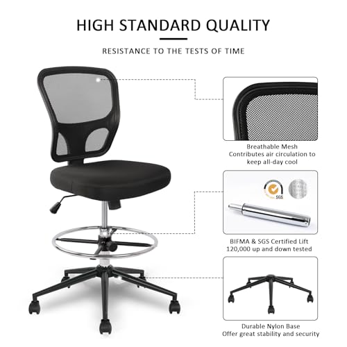 Armless Drafting Chair Tall Office Chair Adjustable Height High Back Ergonomic Desk Chair Drafting Stool Rolling Bar Stools Chairs with Footrest and Wheels