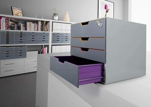 Durable Varicolor Drawer Organizer, 4 Lockable Color Coded Drawers, Gray