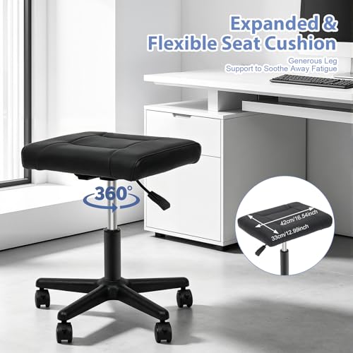 Footrest Stool Under Desk, Adjustable Height Under Desk Leg Rest Ottoman Swivel Rolling Stool Chair with 360°Rolling Lockable Wheels for Gaming, Home Office, Load-bearing Capacity 220.46lbs, Black
