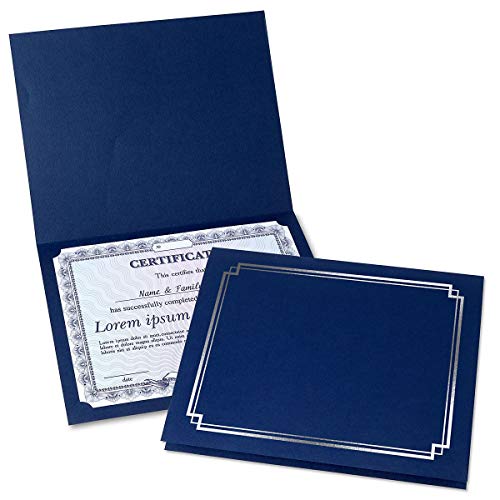 Classic Blue & Silver Certificate Folders - Pack of 50, Linen Cover 80 lb. Stock, Folded, Die-Cut Corners, for Office, Business Awards, Graduation, School Diploma Holder, 9-1/2 x 12\