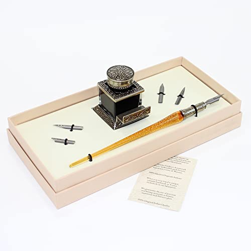 Writing Set with Murano Gold Leaf Glass Pen, Inkwell and Nibs (Amber)