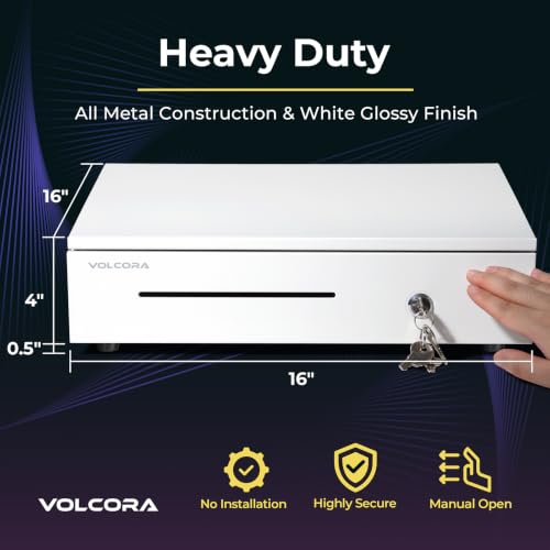 Volcora 16" Push Open Cash Register Drawer for Point of Sale (POS) System, Partial Removable White Heavy Duty Till with 5 Bills/8 Coin Slots, Key Lock and Double Media Slots
