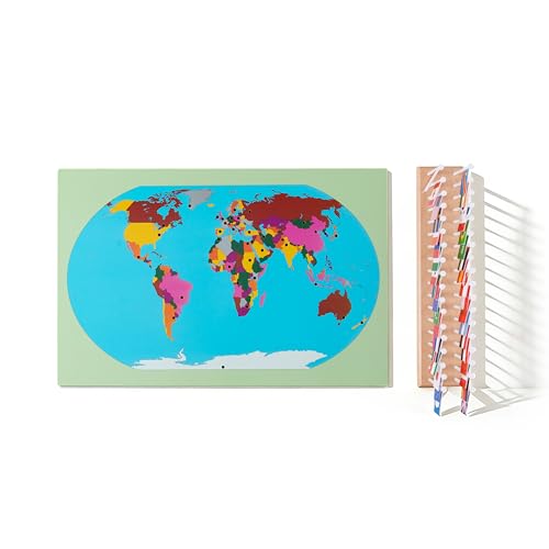 Premium Montessori World Flags Set with 22" Wooden Map- 36 Country Flags, Solid Beechwood, Educational Toy for Kids, Homeschool Classroom Geography Materials(Flags of The World) (Flags of the World)