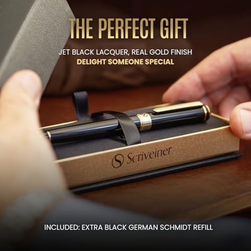 Scriveiner Black Lacquer Rollerball Pen - Stunning Luxury Pen, Real Gold Plating, Schmidt Ink Refill, Best Roller Ball Gift Set for Men & Women, Professional, Executive Office, Nice Pens