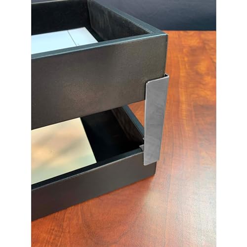DACASSO Classic Black Leather Double Legal Letter Tray Stacking Set w/Silver Posts - Luxury Executive Decor and Office Essential - Desk Surface Protector