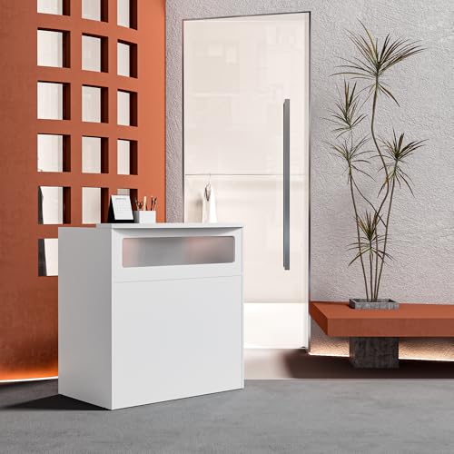 White Reception Desk with Counter, Modern Front Desk Reception Room Table for Small Space, Retail Counter for Checkout, Lobby, Salon, Dental Clinic