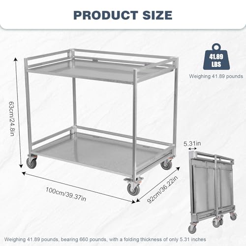 2-Shelf Utility/Service Cart Metal Rolling Storage Cart with Wheels 660lbs Capacity with Handle for Warehouse/Garage/Cleaning/Manufacturing