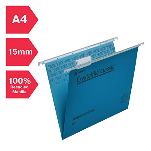 Rexel A4 Suspension Files with Tabs and Inserts for Filing Cabinets, 15 mm V Base, 100 Percent Recycled Manilla, Blue, Crystalfile Classic, Pack of 50, 78160