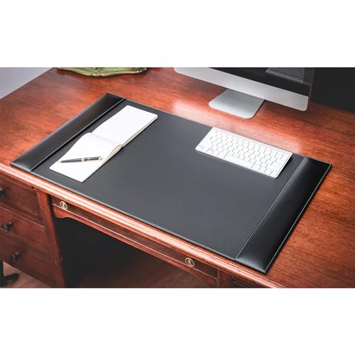 Dacasso 34” x 20” Rustic Black Leather Luxury Desk Pad with Side Rails - Executive Desk Surface Protector - Blotter for Writing