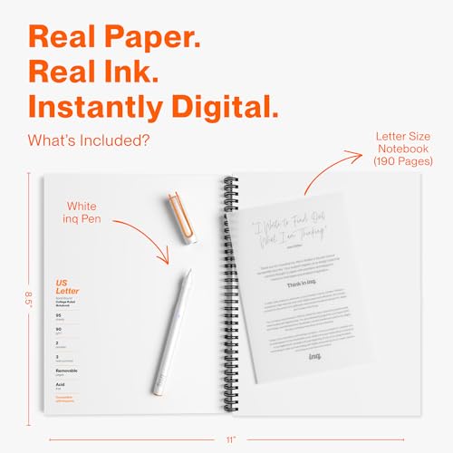 inq Smart Writing Set – Converts Handwriting to Text – Real Ink on Real Paper - AI Note Taking, Voice Recording and Transcription, For iPhone and Android - Smart Pen & Notebook (Letter Size), White