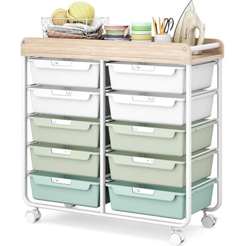 10 Drawer Rolling Storage Cart with Wood Top for Classroom Crafts Green