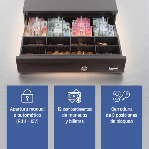 iggual IRON-20 Cash Box – Manual or Automatic Cash Register Box RJ11 (12 V) Compartment: x4 Bills and x8 Coins, Lock 3 Positions Lock, 42 x 40.5 x 10 cm. Black Steel Housing