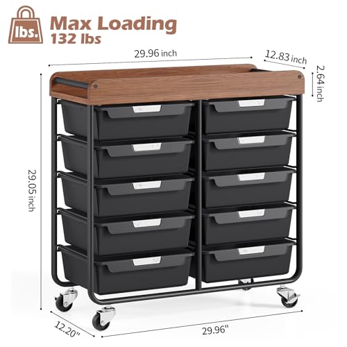 10 Drawers Rolling Cart with Wooden Tabletop, Utility Storage Cart with Wheels, Art Supply Craft Organizer on Wheel with Metal Frame & Handles for Home Office School,Black