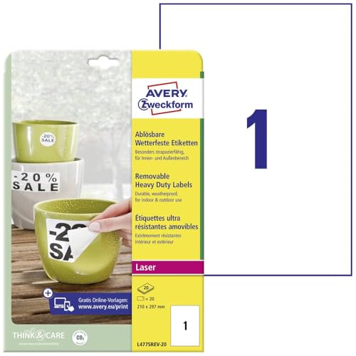 AVERY L4775REV-20 Self-Adhesive Removable Polyester Labels with Customisable Printing 210 x 297 mm Pack of 20