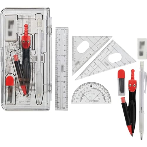 OREKPOT Math Geometry Drafting Supplies, 8 Pieces Geometry Set Includes Rulers Protractor Compass Lead Refills Pencil, Drawing Compass