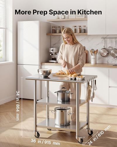VEVOR Stainless Steel Work Table, 24x36 Inch Food Prep Table with 2 Shelves and Wheels, Commercial Kitchen Workstation, Metal Heavy Duty Utility Worktable, for Restaurant Home Hotel Garage Outdoor