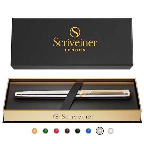 Scriveiner Silver Chrome Rollerball Pen - Stunning Luxury Pen, Real Gold Plating, Schmidt Ink Refill, Best Roller Ball Pen Gift Set for Men & Women, Professional, Executive Office, Fancy Pens