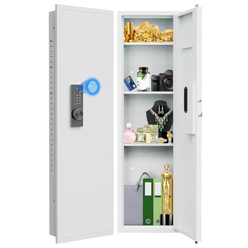 53 Inch Fingerprint In‑Wall Safe, Hidden Wall Gun Safe for Rifles, Heavy‑Duty Steel Wall‑Mounted Safe with Adjustable Shelves, Security Storage Cabinet for Firearms and Valuables, White