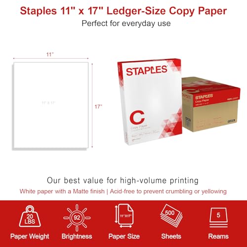 Staples Copy Paper, 11x17 Inch Ledger Size, 92 Brightness, 20 lb., 500/Ream