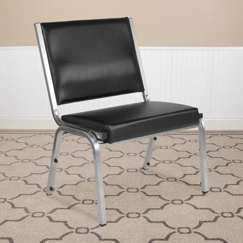 Pemberly Row Bariatric Chair, Faux Leather Upholstery, 1500 lbs Capacity, Black Vinyl and Silver Metal Frame, 34" H x 26.5" W x 23.5" D, Stackable Armless Reception Chair for Healthcare Facilities