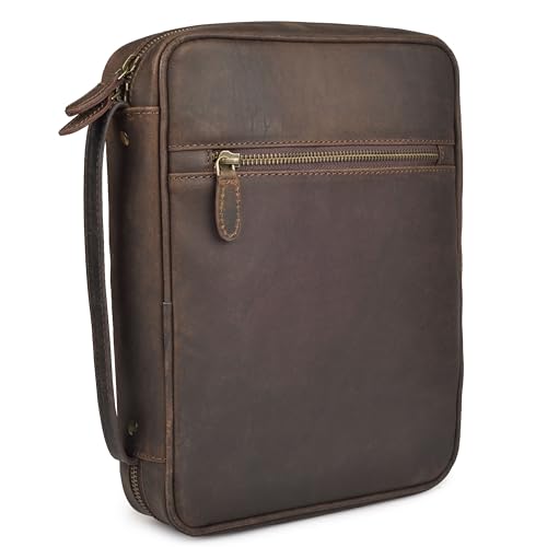 LEATHER VILLAGE Large Leather Bible Cover with Carry Handle & Zipper Brown