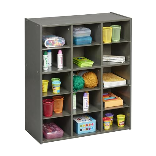 ECR4Kids Streamline 15 Cubby Tray Storage Cabinet, 5x3, Classroom Furniture, Grey Wash