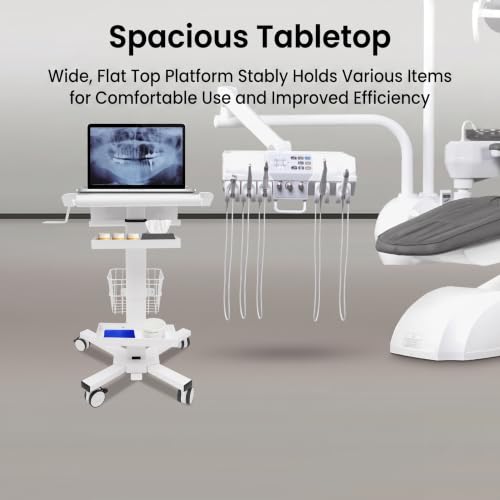 Medical Laptop Cart, Adjustable Workstation Trolley Cart with Wheels, Rolling Laptop Carts with Scanner Holder, Basket Storage, for Dental Office, Hospital, Clinic