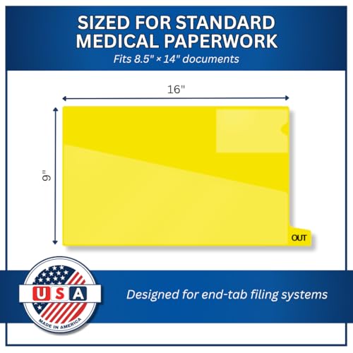 Doctor Stuff - Small Bottom Tab Vinyl Outguides, Diagonal Cut Front Pocket, Top Charge Out Slip Pocket, Plastic File Folder, Legal Size 9" x 16", Yellow, 50/Box