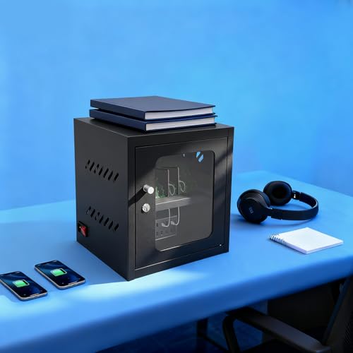 12-Device Charging Cabinet | Laptop Lock Box for iPad Tablet Fits 8" Screen | Locking Laptop Storage Box | with Cable Management and Charger Storage | for Classroom, Library, and Office (Black)