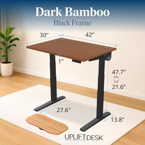 UPLIFT DESK Dark Bamboo (42 x 30 inch) Standing Desk 2-Leg V3 Adjustable Stand Up C-Frame (Black), Advanced Keypad, Wire Grommets, Wire Tray, Rocker Board