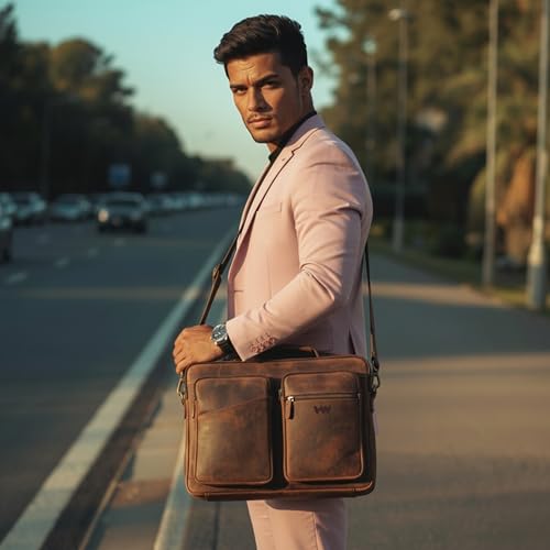 Handmade World Slim Genuine Leather Briefcase For Men Fits 16 Inch Laptop Satchel 'The StatesMan' Computer Messenger Bags For Business Office Work
