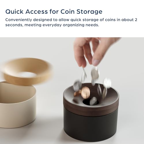 mordeco Revov Coin Storage II, Beech Wooden Lid Storage Box with Magnetic Rotating, Aluminum Coin Bank, Money Saver, Gift, Mother's Day, Designed for All US Coins (Black)