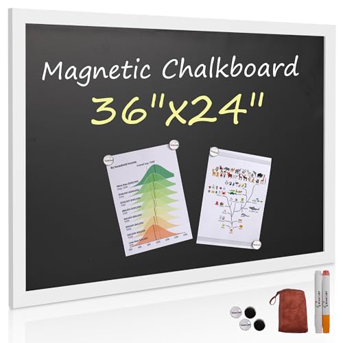 Board2by Rustic Wood Framed Magnetic Chalkboard 24 x 36, Large Hanging Chalk Board Sign for Kids, Non-Porous Wall Blackboard for Wedding Kitchen Restaurant Menu and Home with 4 Unique Magnets, White