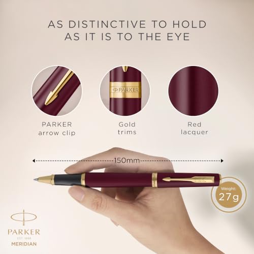 PARKER Meridian Rollerball Pen | Red Lacquer with Gold Trims | Fine Nib | Handwriting Pens & Stationery Supplies | Black Ink | Luxury Gift Box