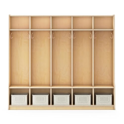 Guidecraft EdQ 5-Section Wooden Storage Locker with Bench Seat for Classroom, Kids Cubby Organizer with Shelves and Hooks for Coats, Divided Playroom Storage with Bins