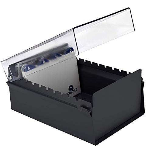 Acrimet 4 x 6 Card File Holder Organizer Box Metal Base Heavy Duty (AZ Index Cards and Divider Included) (Black Color with Clear Crystal Plastic Lid Cover)