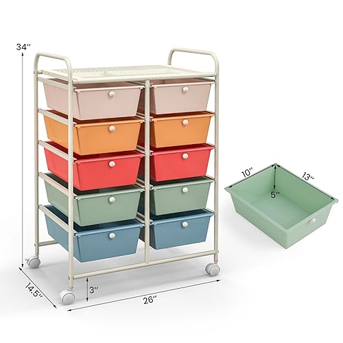 CLEEMAN 10-Drawer Rolling Cart with Drawers, Storage Cart with Universal Wheel & Metal Frame, Multipurpose Mobile Trolley Utility Cart for Makeup Kitchen Office Play Room (Macaron)