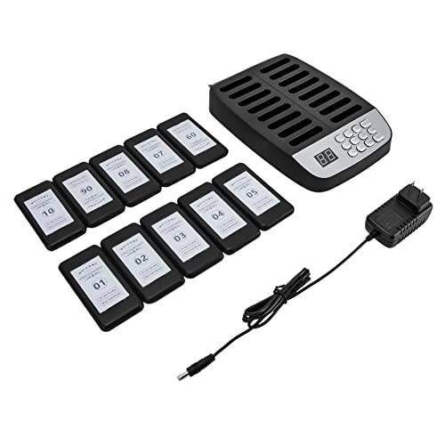 Restaurant Wireless Pager System, Guest Service Calling System, 10 Pagers and 16 Charging Slots, Buzzer, Vibration and Flashing Modes, Long Distance Transmission, for Restaurant