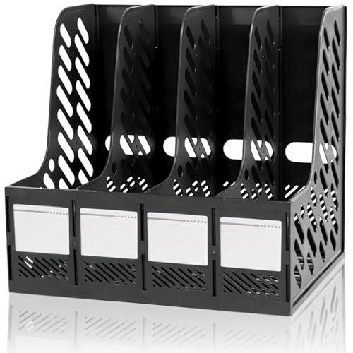VRFTGHYJU 4 Compartment A4 Plastic File Organiser - Desktop Office Storage Rack, Folder Holder with Dividers for Home, School, Kitchen(Black)