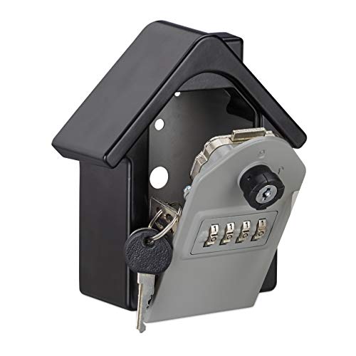 Relaxdays 2 x Key Box with Combination, House Shape, 4-Digit Code, Wall, HLP, 15 x 13.5 x 7 cm, Black/Grey