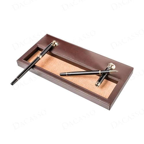 Dacasso Chocolate Brown Leather Double Pen Stand w/Gold Accents - Luxury Executive Decor and Office Desk Surface Protector