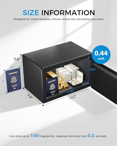 GTPLAYER Safe Box 0.44 Cubic Feet for College Dorm Room with Electronic Keypad and Fingerprint, Shelf, Wall Mount Kit, Hidden Home Safe for Money, Jewelry and Passport