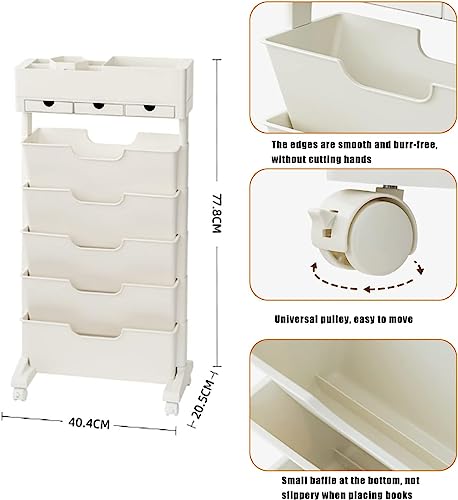 6 Tier Book Cart Storage Bookshelf, Vertical Narrow Bookshelf Organizer with Top partition Storage, Library Reading Rack/Magazine Rack, for Children Students Study in Bedroom Living Room Home School